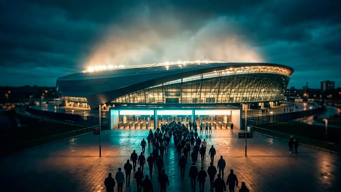 Stilisiertes WM-Turnierbaum-Motiv vor einem Stadion bei Nacht