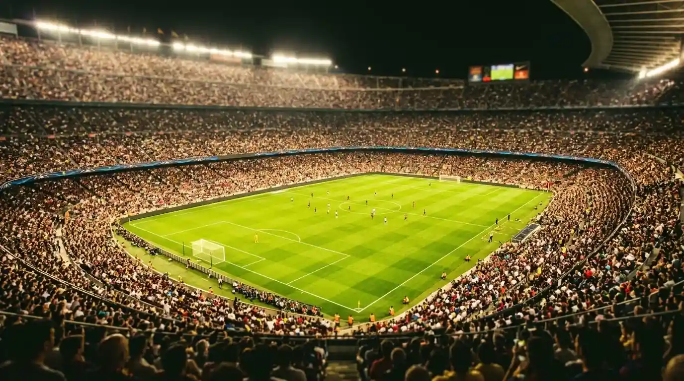 Fußballstadion bei Nacht mit hellem Flutlicht und gefüllten Rängen