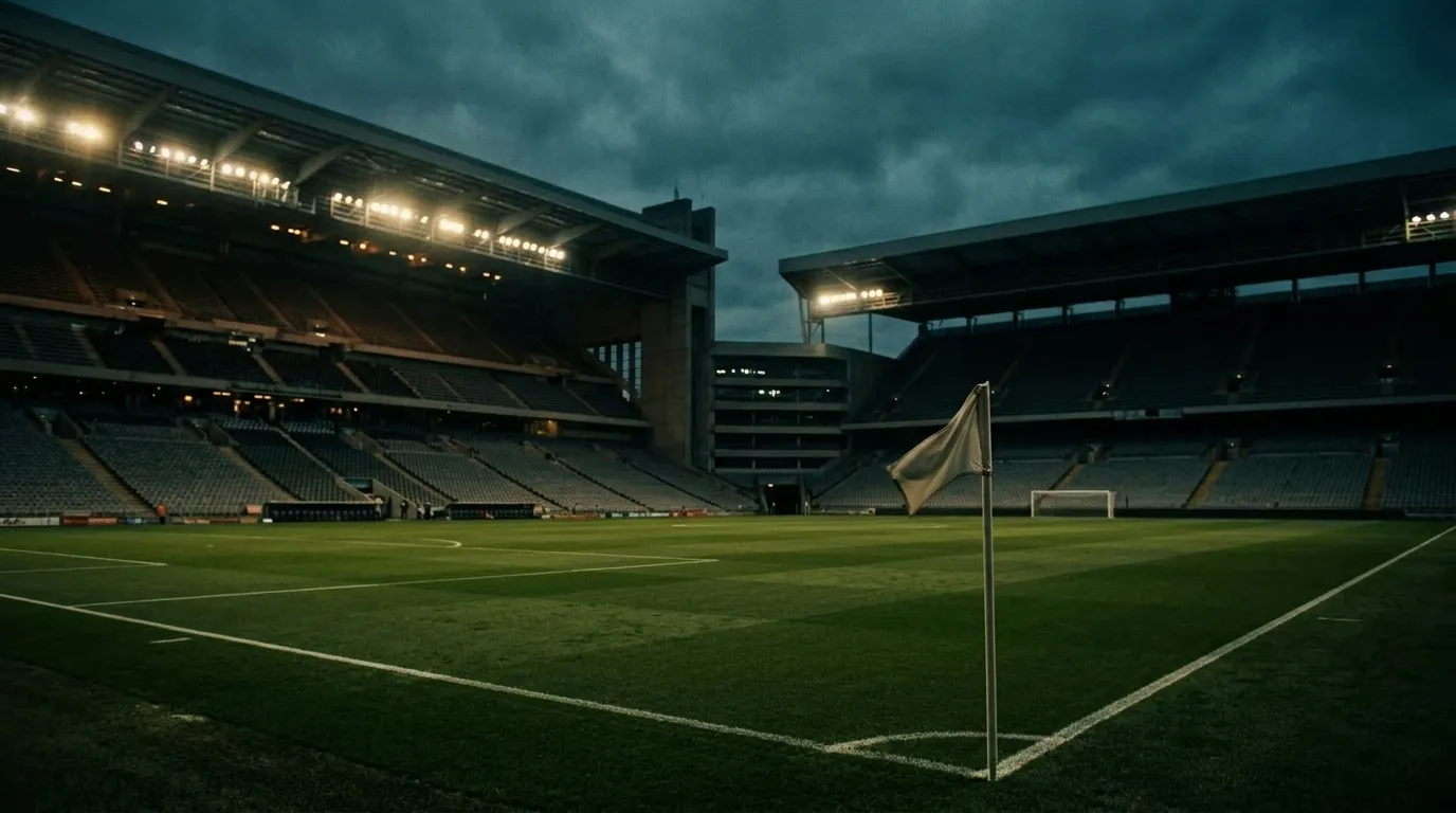 Leeres Fußballstadion in der Dämmerung nach dem Abpfiff, Flutlicht über dem Rasen