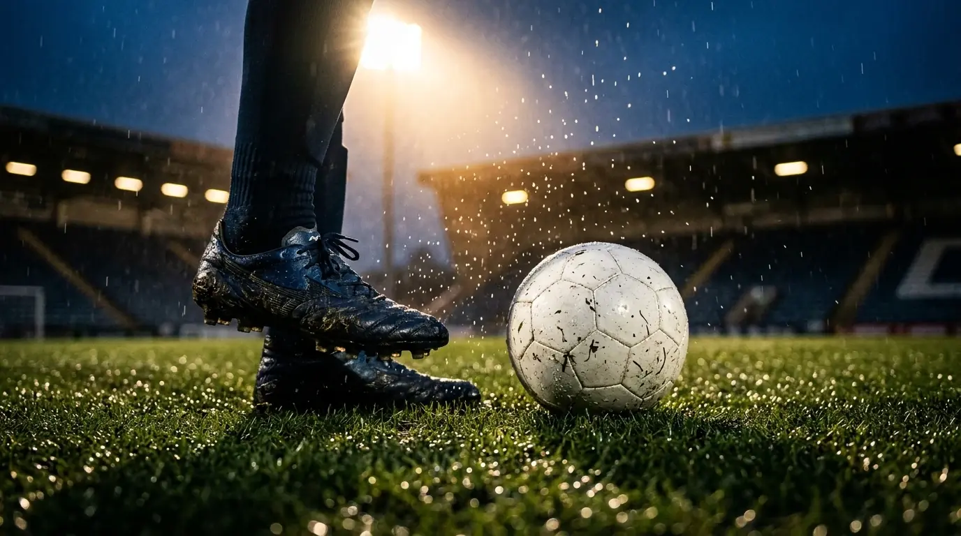 Nahaufnahme von Fußballschuhen und einem Ball auf nassem grünem Rasen unter Flutlicht, Regentropfen im Lichtkegel sichtbar, dramatische Abendstimmung