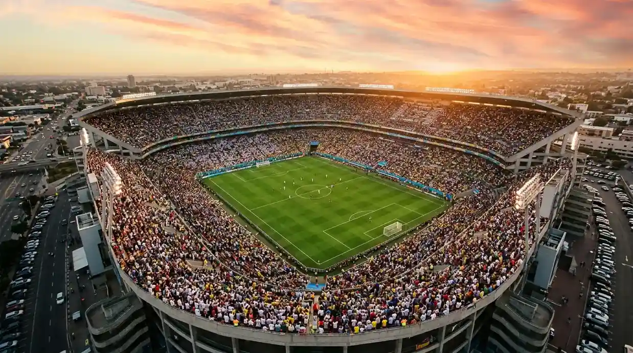 Luftaufnahme eines offenen Fußballstadions bei Sonnenuntergang, warmes Licht auf dem Rasen und den Tribünen