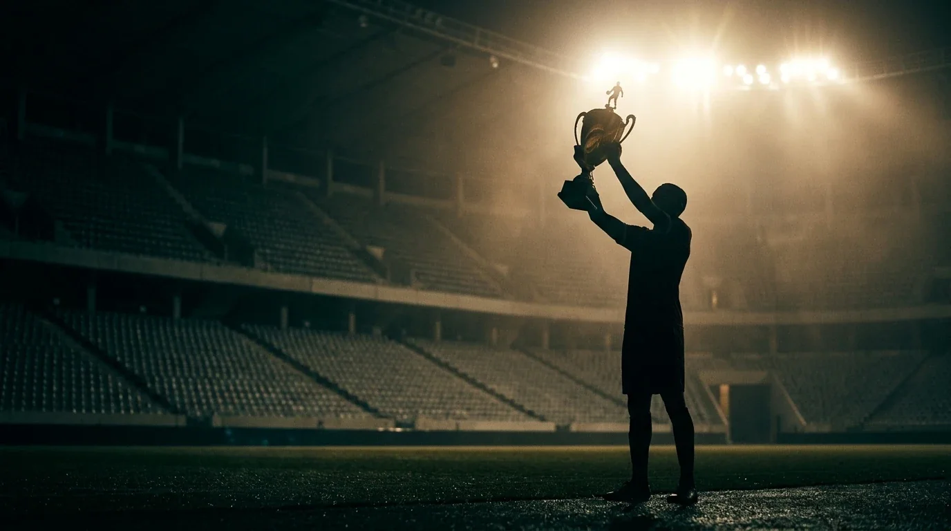 Silhouette einer angehobenen goldenen Fußballtrophäe vor der Kulisse eines dunklen Stadions mit hellen Flutlichtern, dramatische Gegenlicht-Stimmung