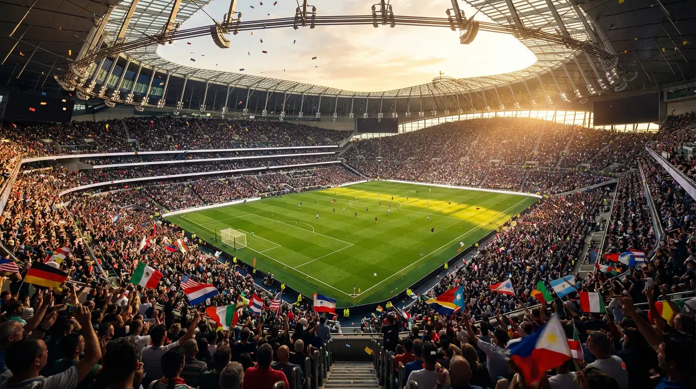 Panoramablick auf ein ausverkauftes Fußballstadion bei Sonnenuntergang vor einem WM-2026-Spiel