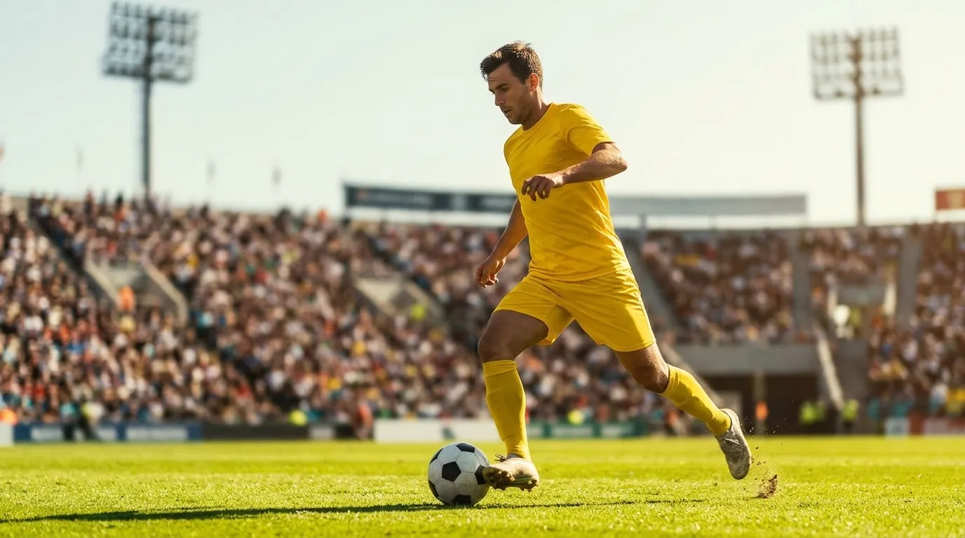 Fußballspieler in gelbem Trikot führt den Ball in einem sonnigen Stadion