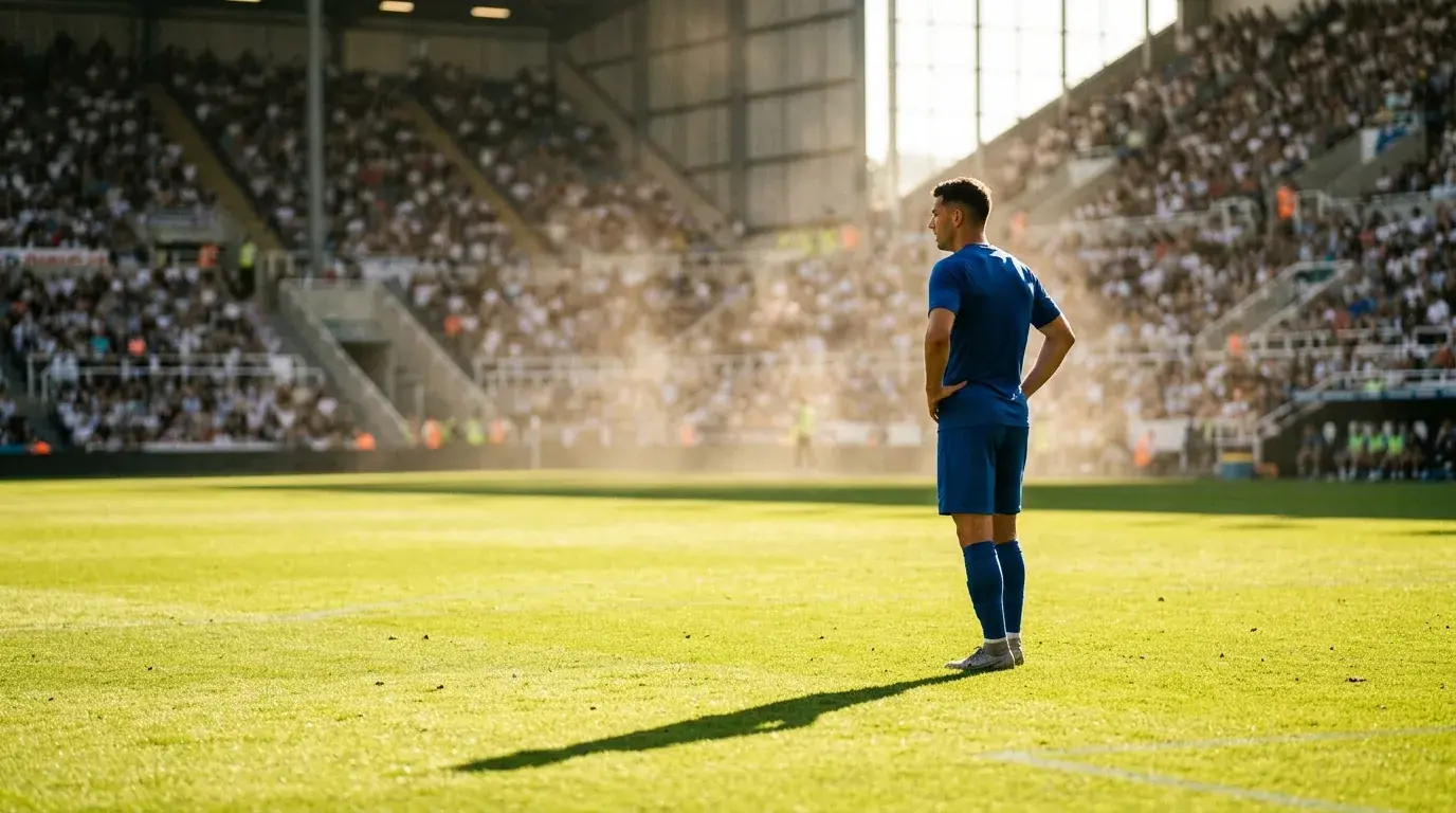 Fußballspieler wirft langen Schatten auf einen sonnendurchfluteten Rasen