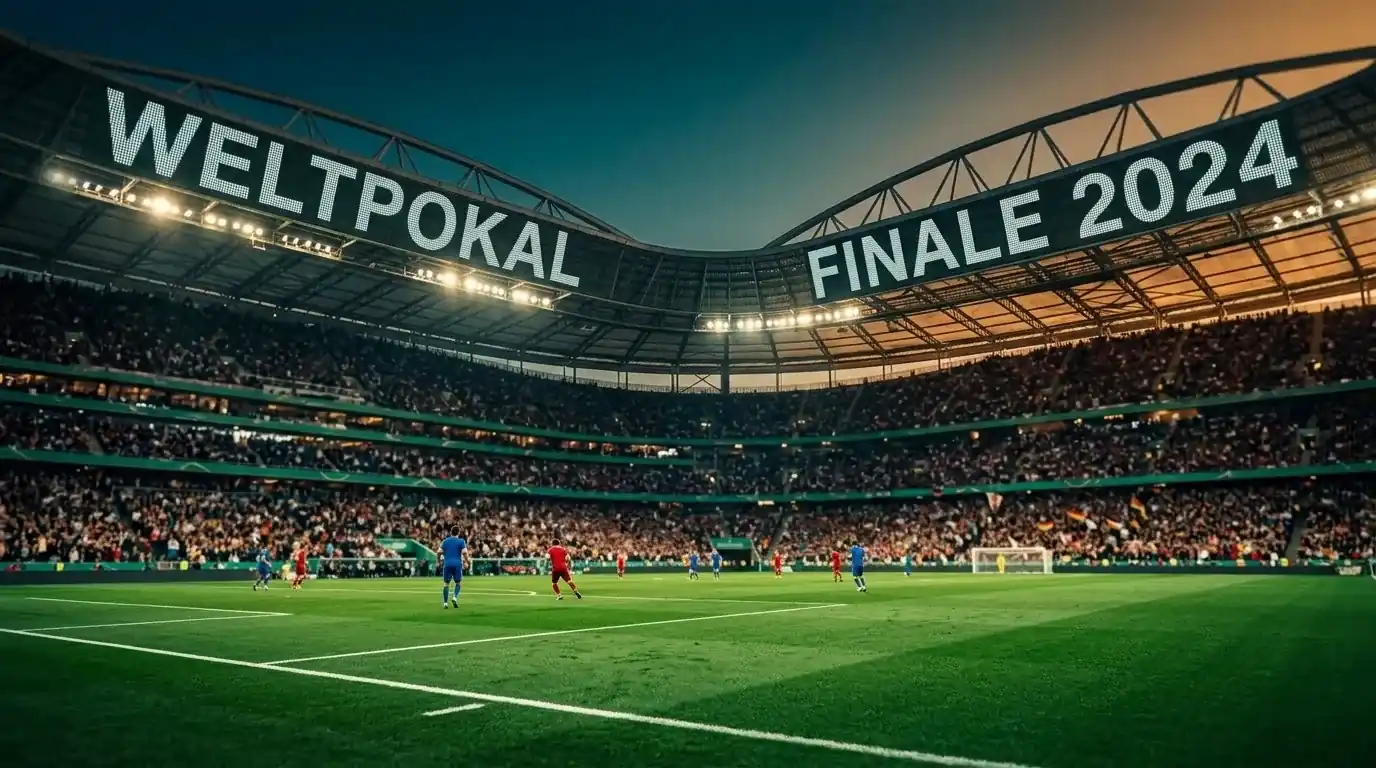 Fußballstadion bei Nacht mit hell erleuchtetem Rasen und voll besetzten Rängen
