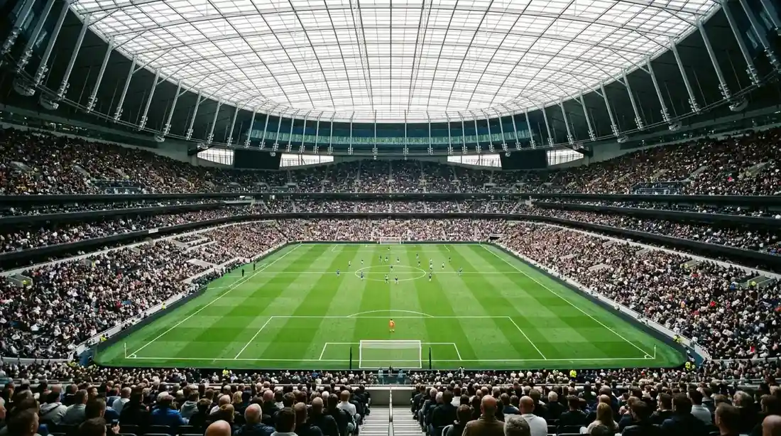 Moderne Stadionarchitektur bei Tag mit geschlossenem Dach, sonnendurchflutete Tribünen und grüner Rasen