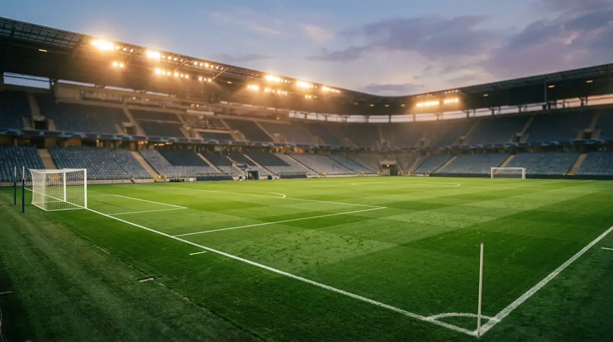 Ein leeres, hell erleuchtetes Stadion in der Abenddämmerung mit warmem Flutlicht, Blick über den Rasen zu den weichen, unscharfen Rängen