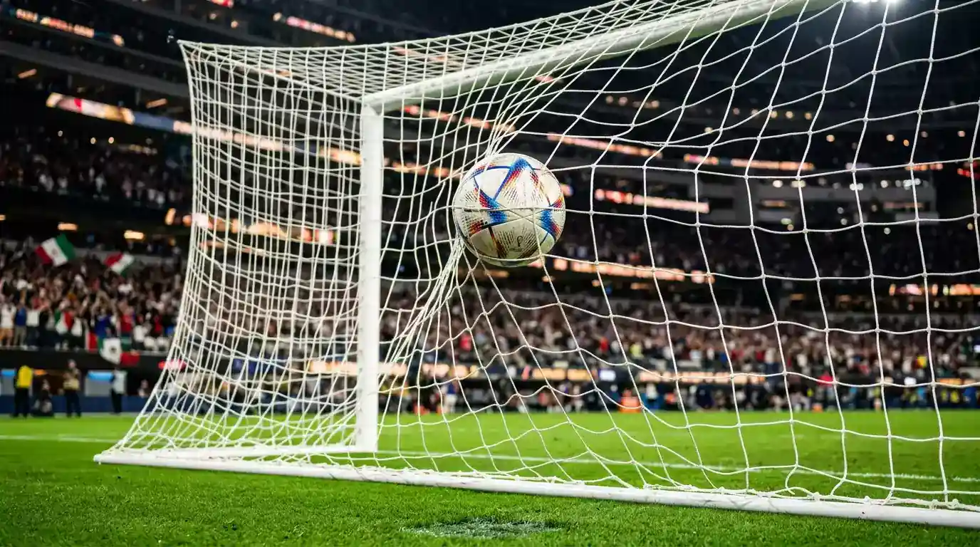 Fußball im Netz eines Tores auf hell erleuchtetem Rasen, im Hintergrund unscharfe Ränge