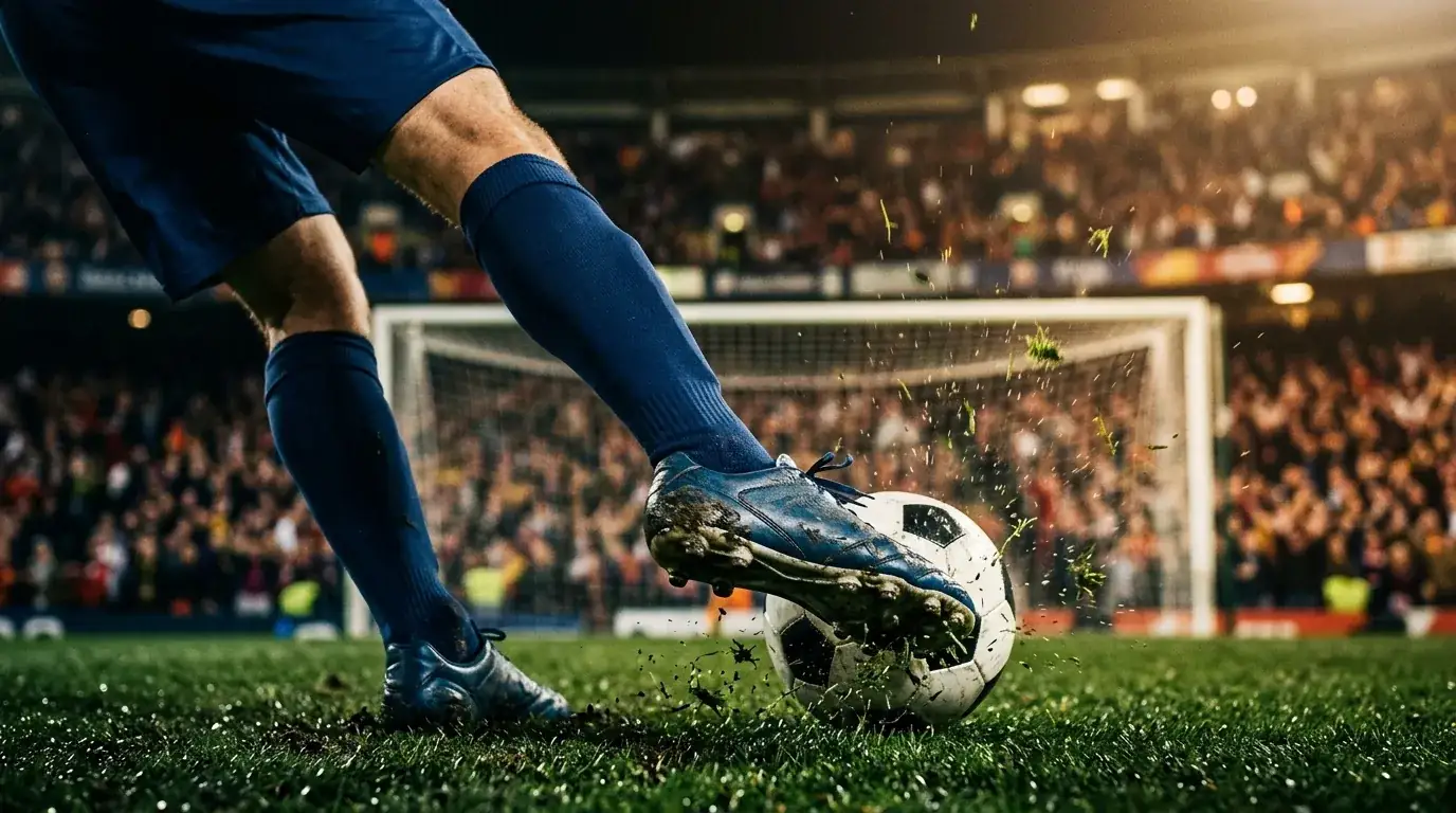 Fußballschuh trifft den Ball vor einem Tor in einem hell erleuchteten Stadion