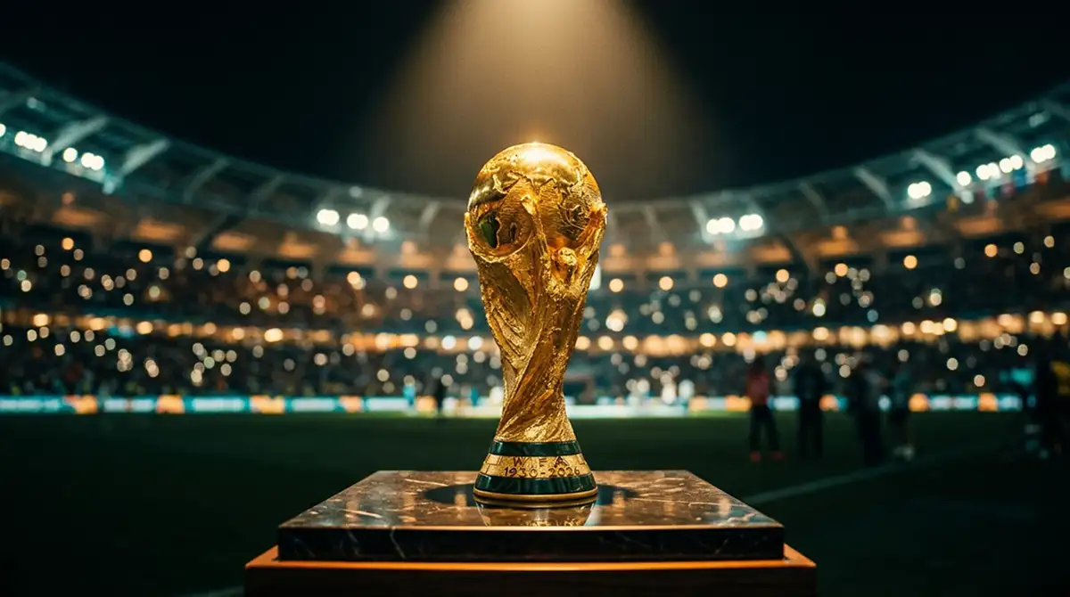 Eine goldene Fußball-Weltmeisterschaftstrophäe auf einem Sockel, angestrahlt vor dunklem Hintergrund, dramatisches Licht