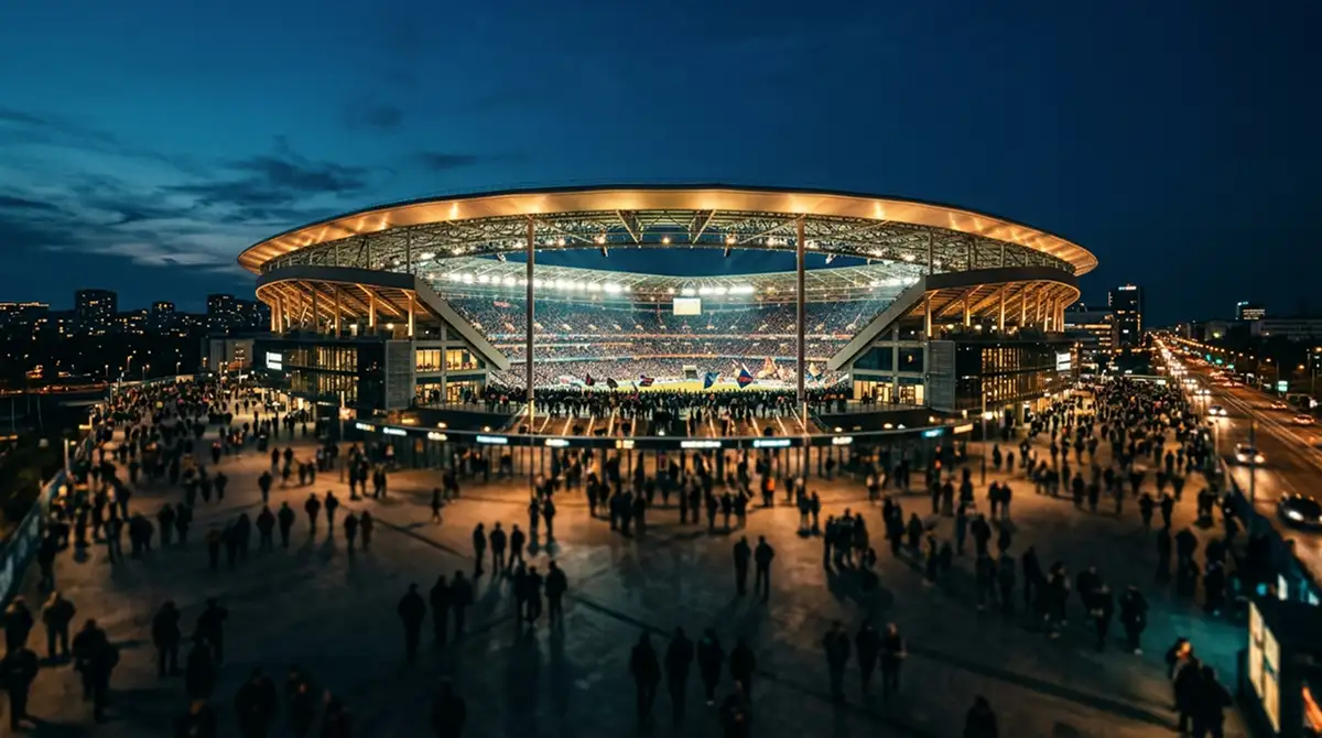 Nächtliches Panorama eines modernen, hell erleuchteten Open-Air-Stadions von außen, warmes Flutlicht gegen den dunkelblauen Abendhimmel, unscharfe Silhouetten im Vordergrund