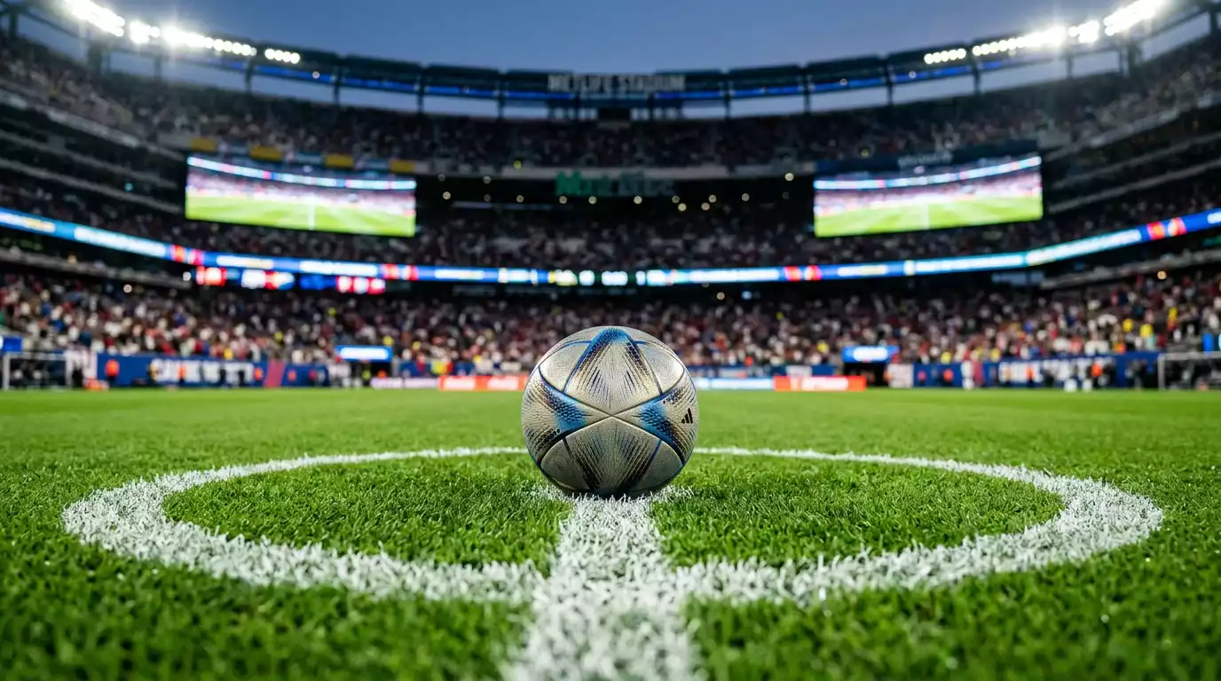 Fußball auf dem Anstoßpunkt in einem hell erleuchteten Stadion vor gefüllten Rängen