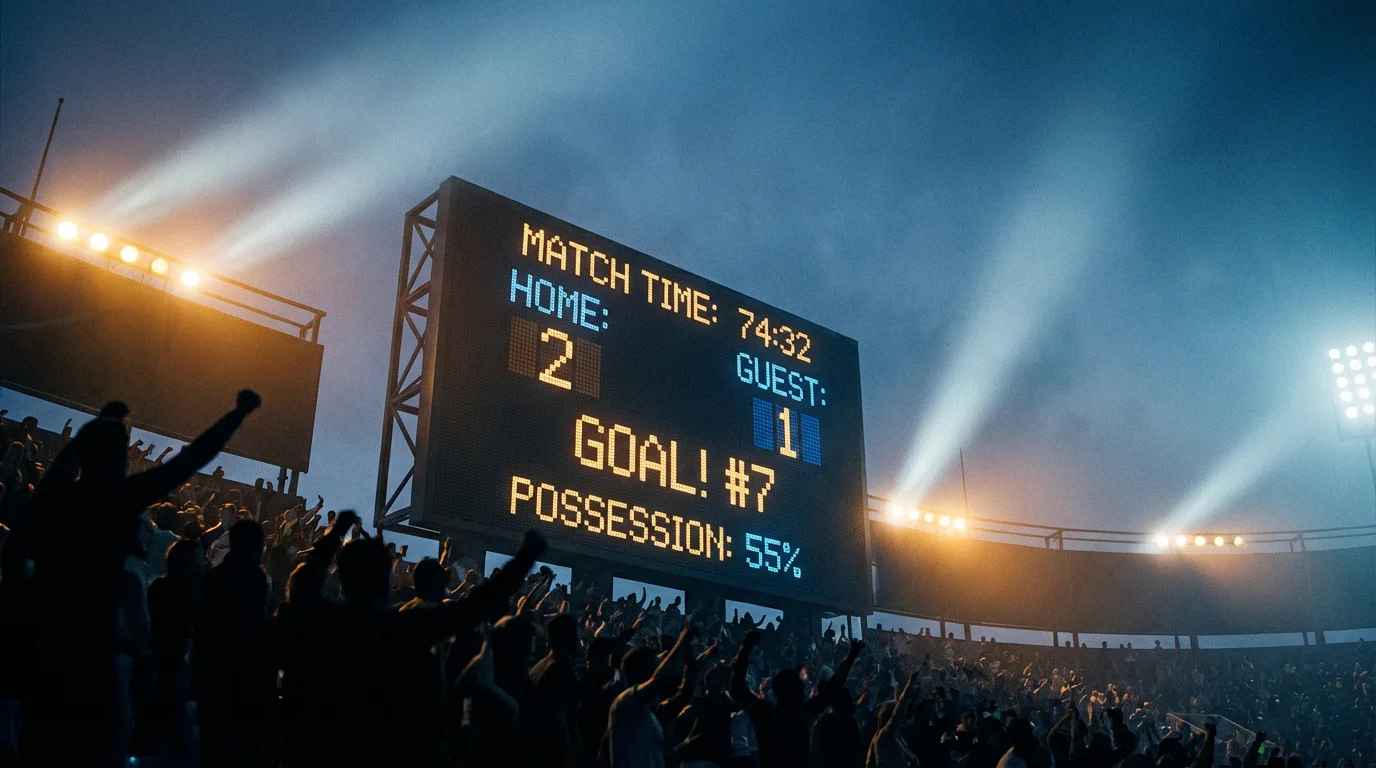 Elektronische Anzeigetafel in einem Fußballstadion zeigt Spielergebnisse und Statistiken während eines Abendspiels
