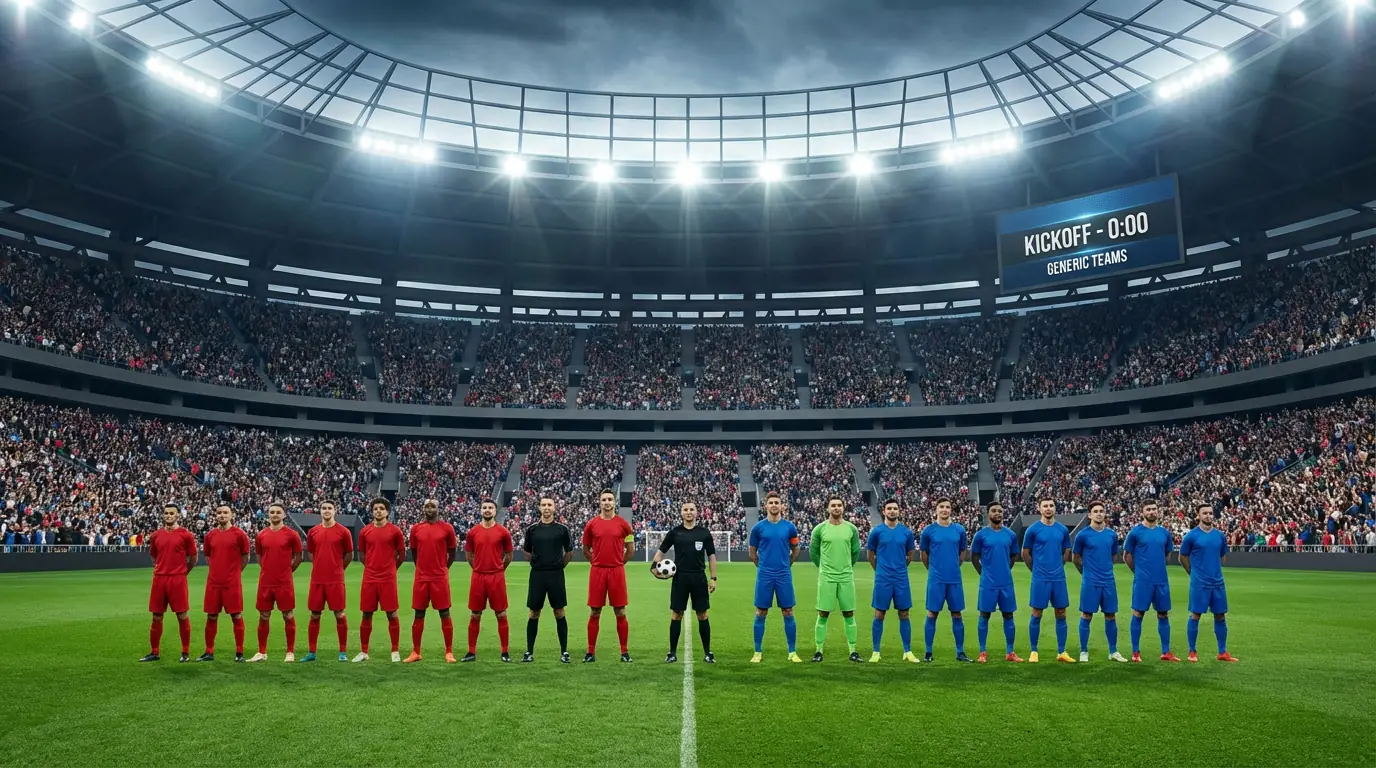 Zwei Fußballmannschaften stehen sich auf dem Rasen eines voll besetzten Stadions vor dem Anstoß gegenüber