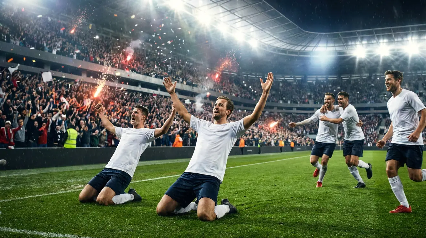 Fußballspieler feiern ein Tor mit leidenschaftlichem Jubel auf dem Rasen eines ausverkauften WM-Stadions